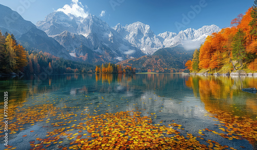  A picturesque autumn scene of the outdoor scenery at Lakeles in northern Italy, showcasing vibrant fall colors and majestic mountains reflecting in the crystal clear waters. Created with Ai © Visual