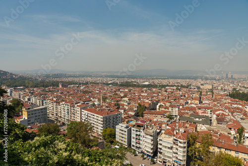 Bursa ,Turkey September 17 2022 : panorama of the city of bursa from the Tophane ,