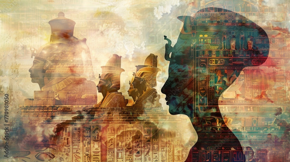 Silhouette of Past Life Memories Spanning Ancient Cultures - obrazy, fototapety, plakaty 