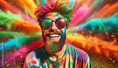 man with sunglasses, in a colorful powder explosion, generative ai © Eduardo