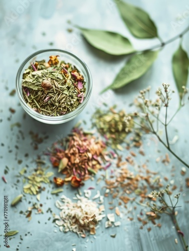 leaves dry flowers of herbal tea background.