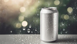 White aluminum can mockup with drops. Drink package. Refreshing beverage. Bokeh on backdrop