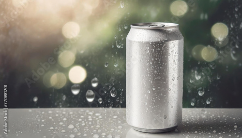 White aluminum can mockup with drops. Drink package. Refreshing beverage. Bokeh on backdrop photo