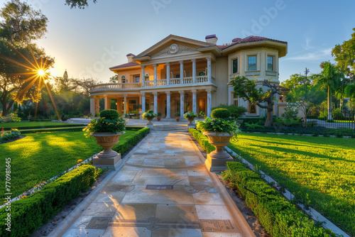 Lavish home with a perfectly groomed yard and a decorative walkway leading to a regal front porch, under the afternoon sun.
