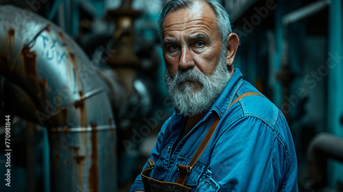 senior man plumber working with plumbing tools on dark room