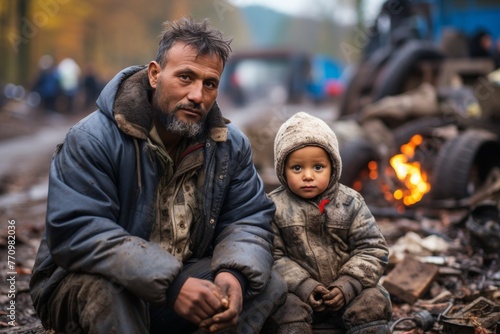 Group of european refugees escaping devastation of war on land, seeking safety and shelter