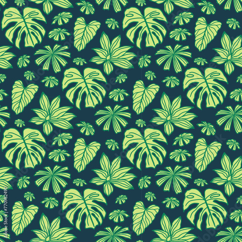 Tropical Leaves Seamless Vector Pattern, Exotic Jungle Background, Modern Line Art Wallpaper and Textile Design 