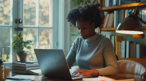 Black woman sits at a workspace deeply focused on using her laptop