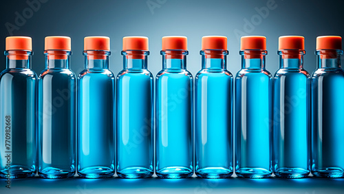 Lab Glass Bottles with Blue Liquid. Scientific Discovery, Chemical Research, Modern Science.
