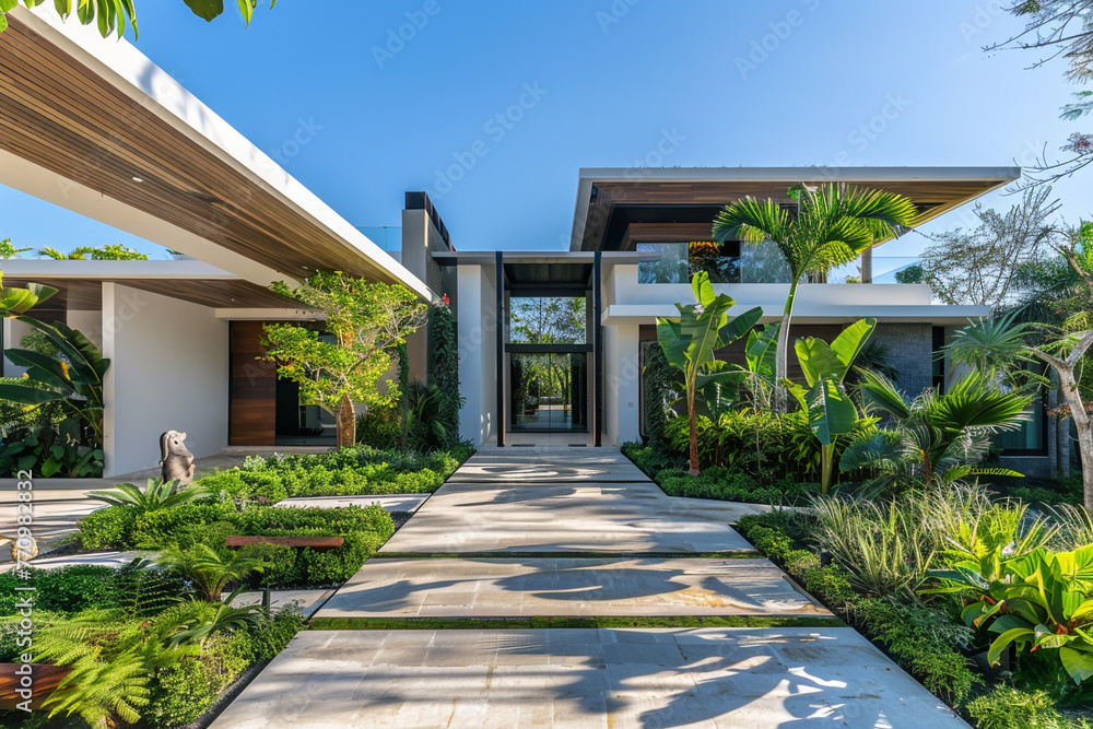 Modern estate facade with lush landscaping, leading to an artistically designed entrance, under a cloudless sky.