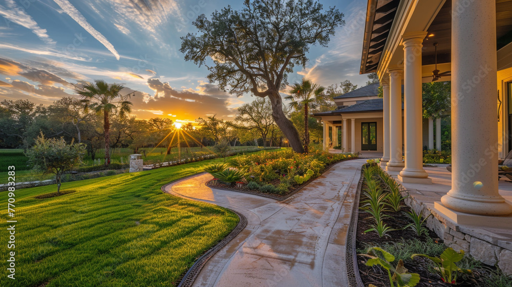 Newly constructed opulent home with lush landscaping, pathway leading to a magnificent porch, in the golden hour light.