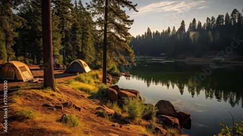 Peaceful Retreat Camping Tent Pine Trees and Tranquil Lake