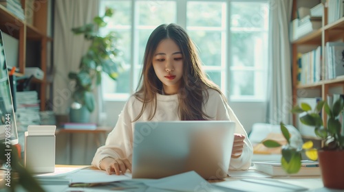 asian woman sits at a workspace deeply focused on using her laptop