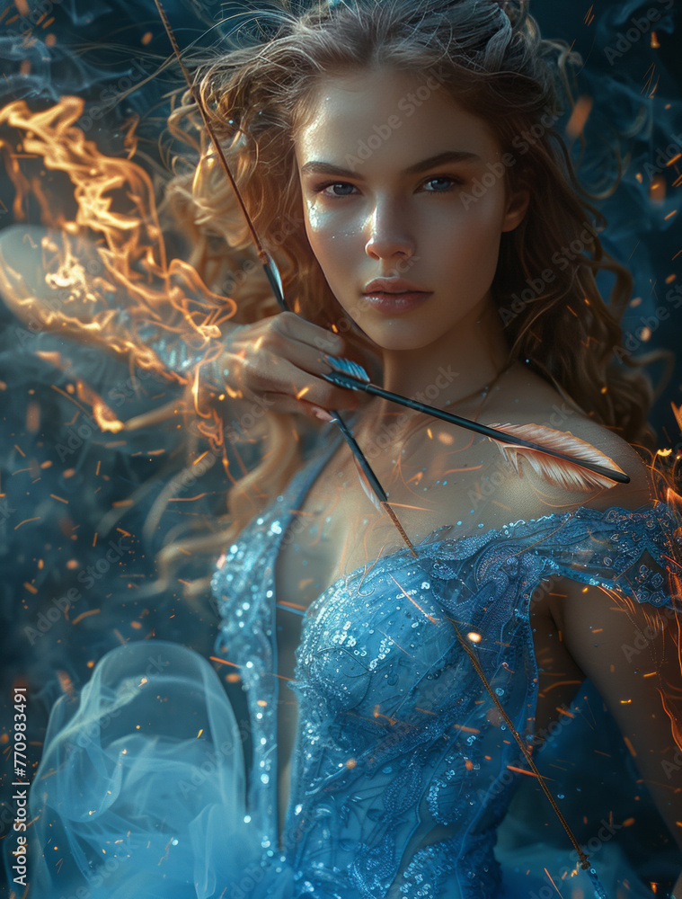 Sagittarius, centaur shape, beautiful woman, blue dress,armed with a bow and arrows,generative ai