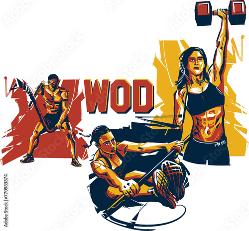 a man doing an exercise with a rope, a woman lifting a heavy weight, and another woman doing her toes to bar