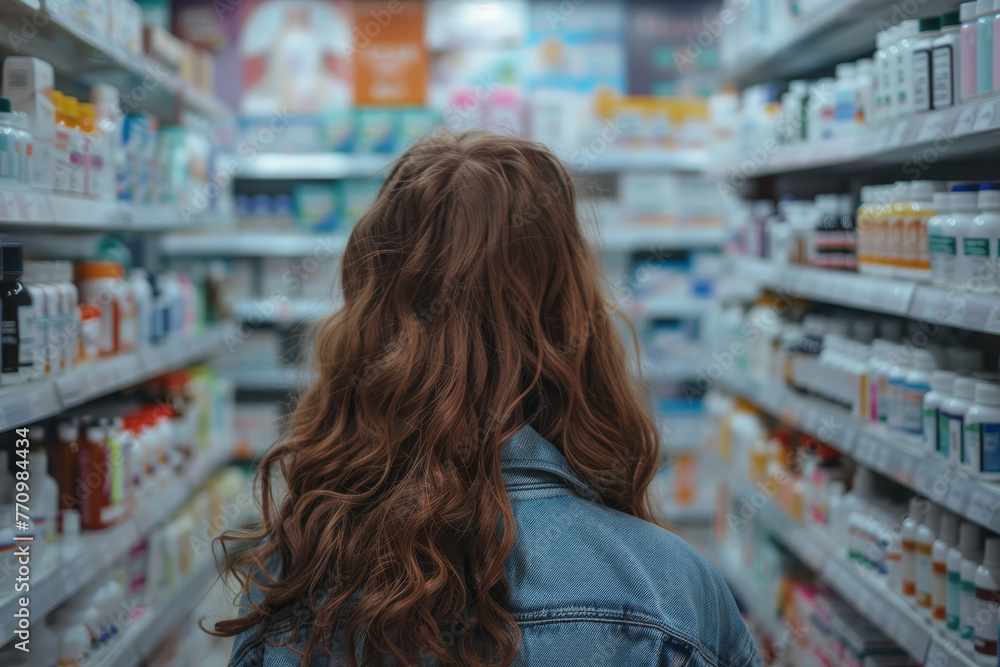 A woman with long brown hair is shopping in a store