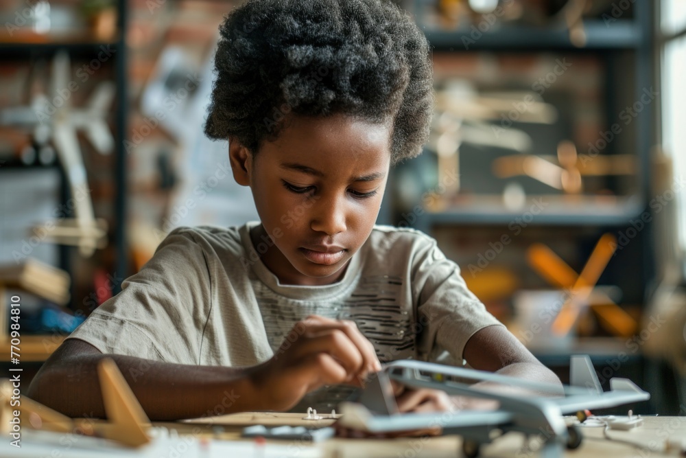 A young African American boy focused on building a model airplane, surrounded by craft tools. The concept highlights creativity and learning in youth. A young African American boy focused on building a model airplane, surrounded by craft tools. The concept highlights creativity and learning in youth.