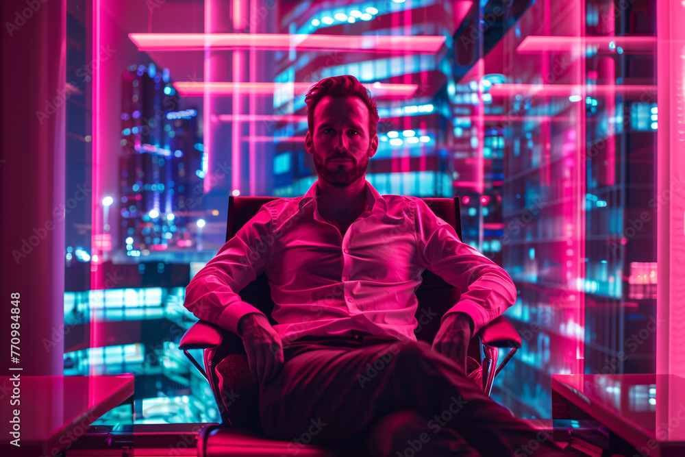 Man in white shirt seated against neon lit city backdrop Man in white shirt seated against neon lit city backdrop