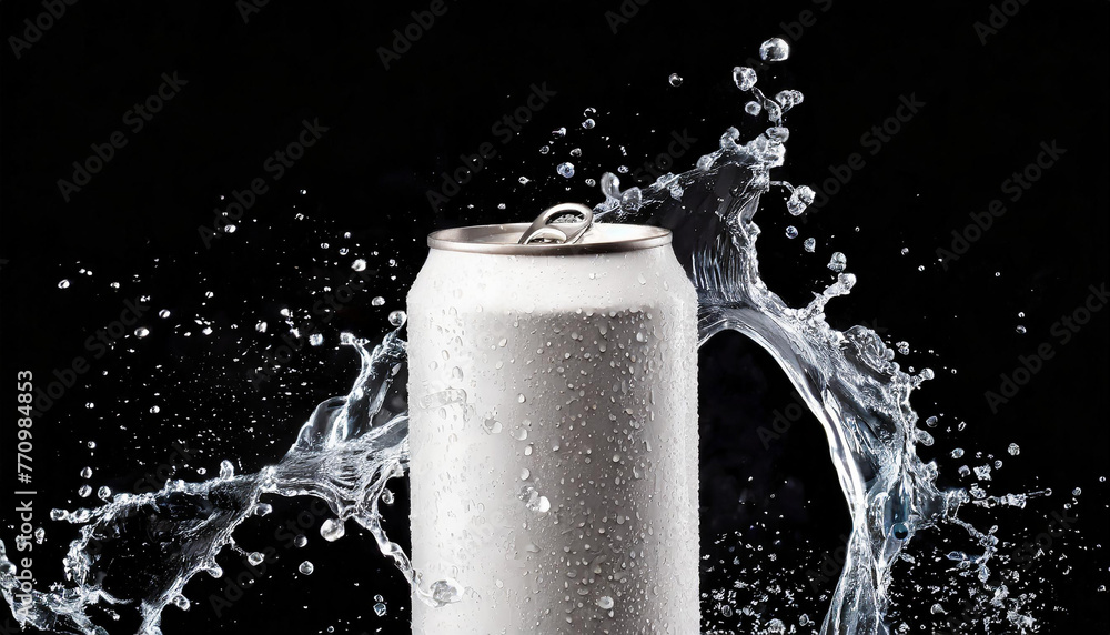 White aluminum can mockup with dynamic water splash. Drink package. Refreshing beverage. Black background. White aluminum can mockup with dynamic water splash. Drink package. Refreshing beverage. Black background.
