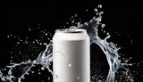 White aluminum can mockup with dynamic water splash. Drink package. Refreshing beverage. Black background.