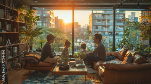 Asian family sitting on sofa apartment interior full window modern design,generative ai