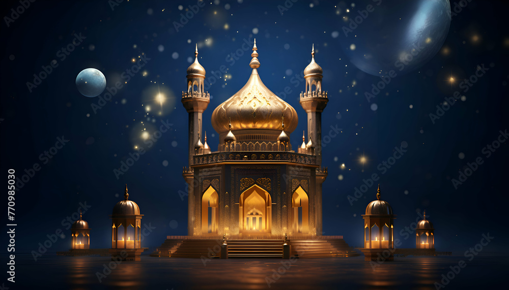 3D Illustration of Ramadan Kareem Background with Mosque and Moon