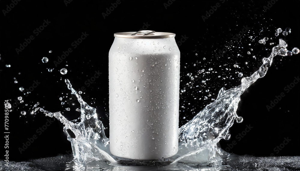 White aluminum can mockup with dynamic water splash. Drink package. Refreshing beverage. Black background.
