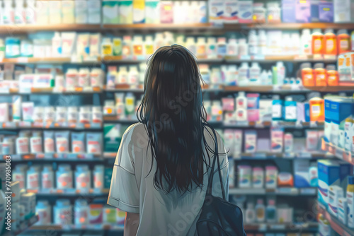A woman is looking at the medicine aisle in a store