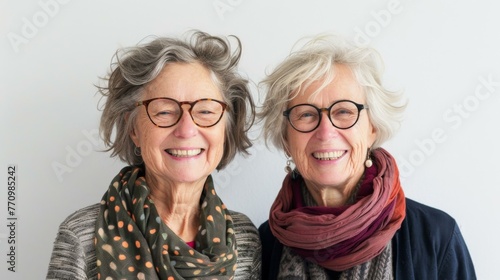 Two older women wearing glasses and scarves smiling for the camera. Generative AI. © Natalia