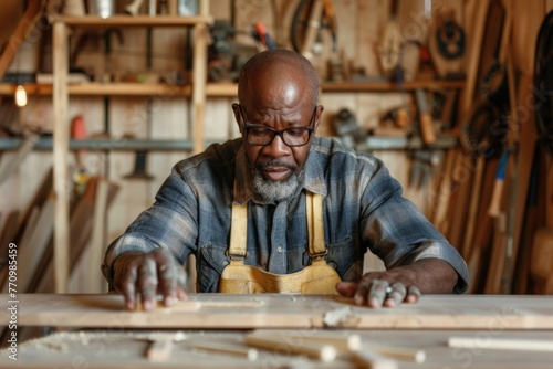 Elderly African American man sanding wood in a woodworking workshop.