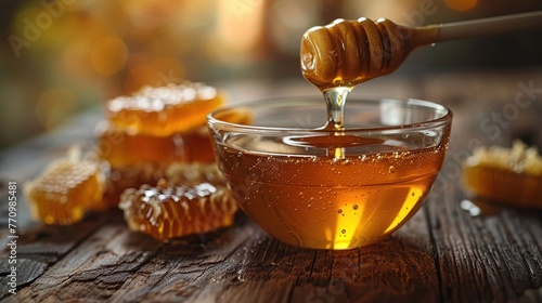 Honey pouring with honey dipper in a bowl on a wooden table. Bee products by organic natural ingredients concept.