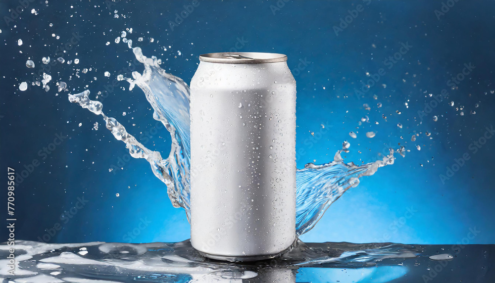 White aluminum can mockup with dynamic water splash. Drink package. Refreshing beverage. Blue background. White aluminum can mockup with dynamic water splash. Drink package. Refreshing beverage. Blue background.