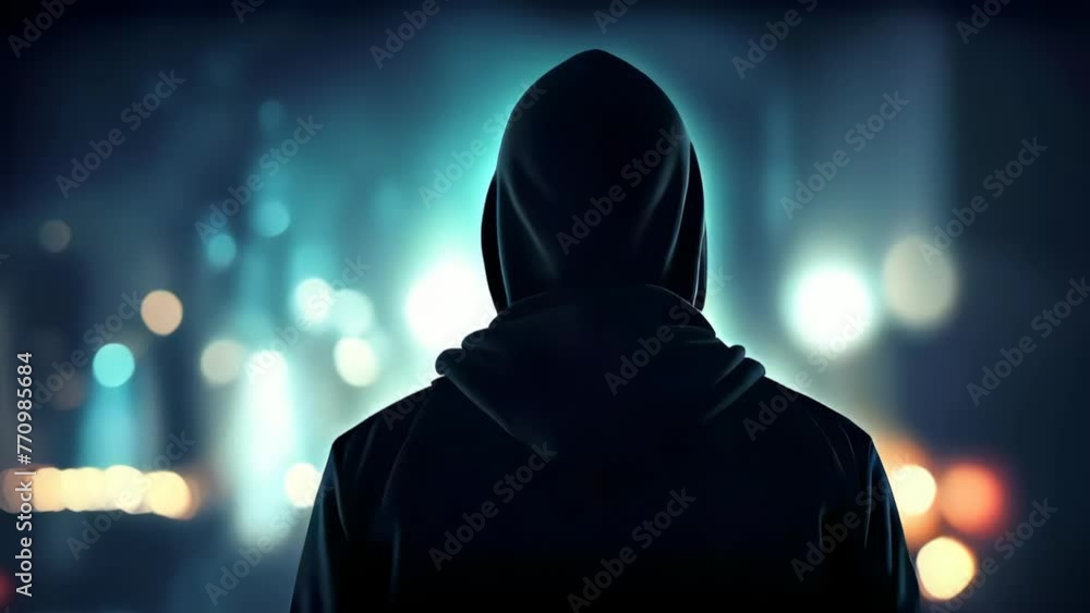 Anonymous person with hoodie and city lights Anonymous person with hoodie and city lights