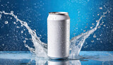 White aluminum can mockup with dynamic water splash. Drink package. Refreshing beverage. Blue background.