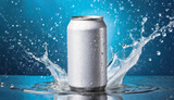 White aluminum can mockup with dynamic water splash. Drink package. Refreshing beverage. Blue background.