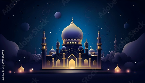 Vector illustration of Ramadan Kareem background with mosque. stars and moon.