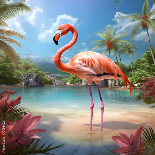 Flamingo in tropical paradise. 3D render. Tropical background.