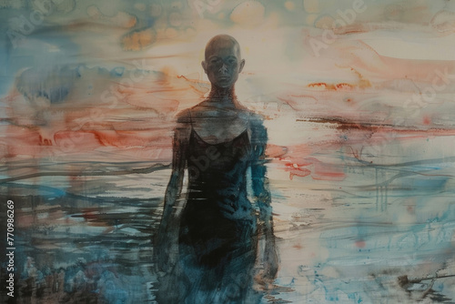 Painting depicting bald woman standing in a body of water, surrounded by the serene blue hues of the water