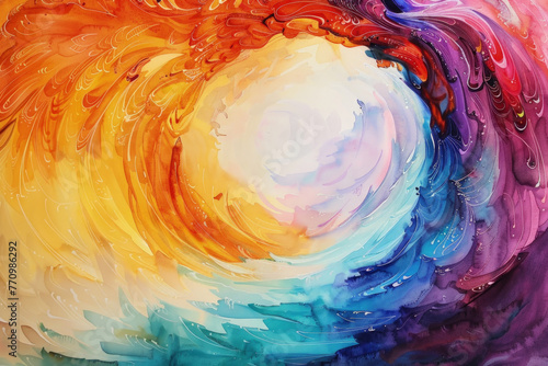 Abstract painting featuring vibrant swirls of colors resembling a rainbow, creating a dynamic and energetic composition