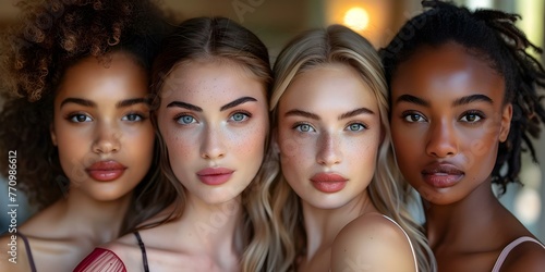 Diverse group of women of different skin tones and races posing together for a skincare ad campaign. Concept Skincare Ad, Diverse Women, Inclusive Beauty, Multicultural Campaign, Group Portraits