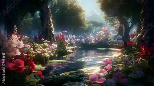 3D render of a fantasy fantasy landscape with a pond full of flowers © Wazir Design