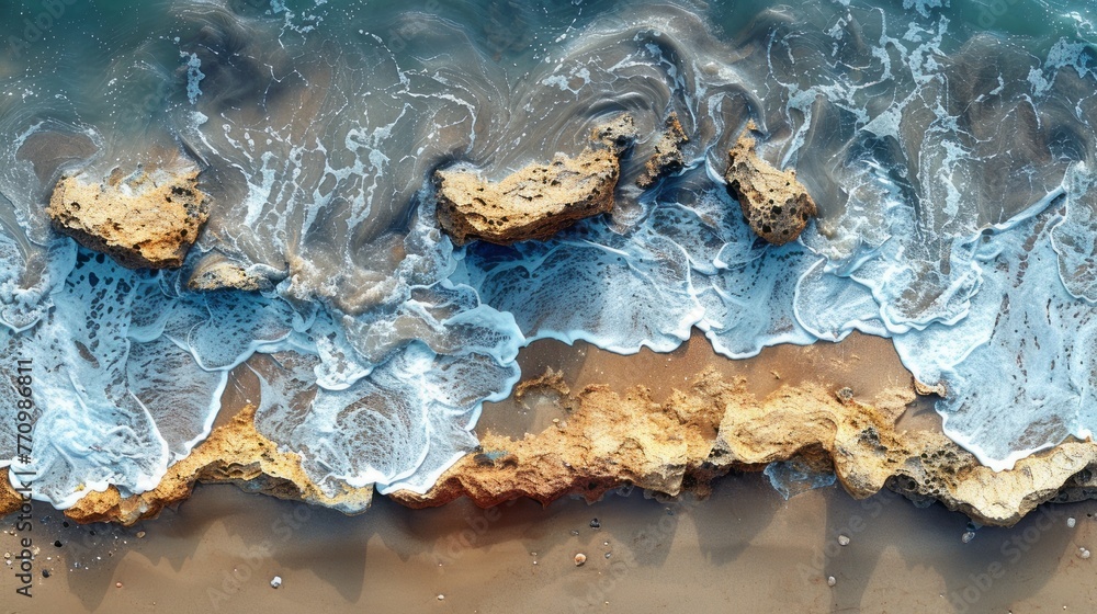 waves on the sandy beach, crushing, ocean, summer, birds eye view, drone waves on the sandy beach, crushing, ocean, summer, birds eye view, drone