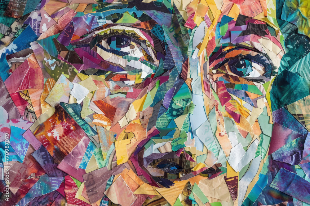 Fototapeta premium A vivid mosaic portrait with an intense gaze made from a vibrant patchwork of varied textured paper