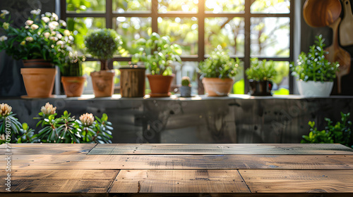 Empty wooden kitchen table surface mockup, greenery and accessories background