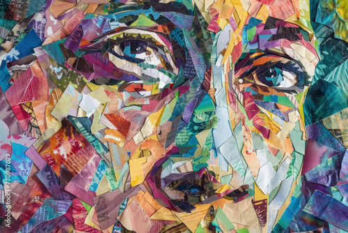 A vivid mosaic portrait with an intense gaze made from a vibrant patchwork of varied textured paper © sommersby