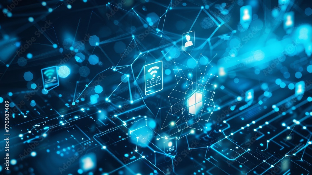 A digital blue backdrop adorned with various technology symbols A digital blue backdrop adorned with various technology symbols