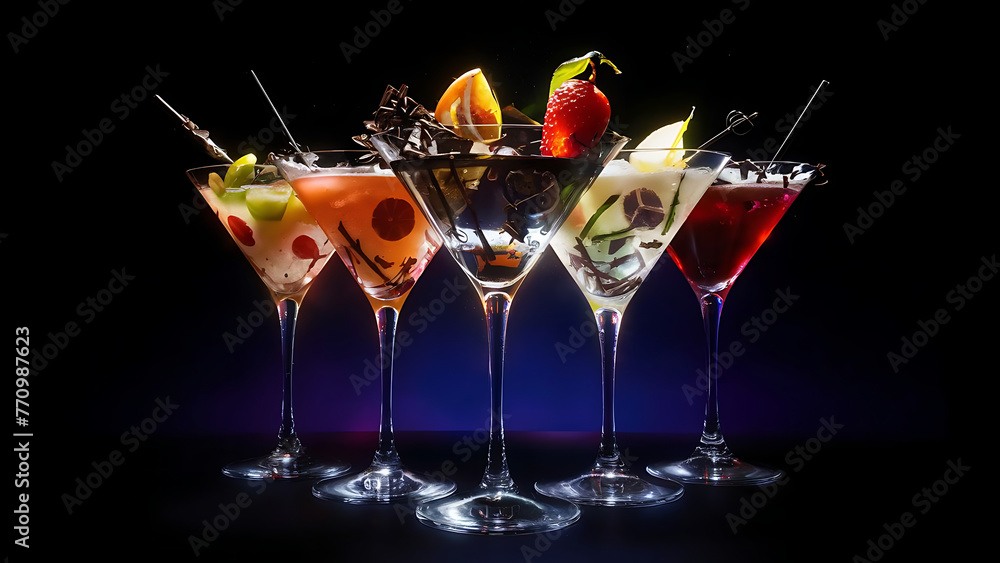 Cocktails in martini glasses with fruits and chocolate on dark background Cocktails in martini glasses with fruits and chocolate on dark background