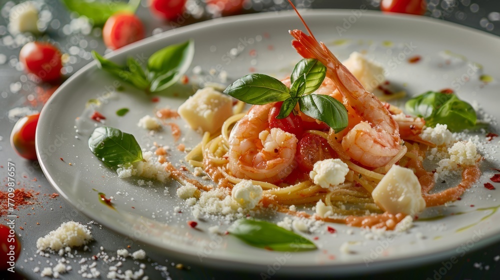Pasta with shrimp in tomato and garlic sauce, decorated with basil leaves, small balls of white mozzarella cheese, cherry tomatoes, parmesan cheese Pasta with shrimp in tomato and garlic sauce, decorated with basil leaves, small balls of white mozzarella cheese, cherry tomatoes, parmesan cheese