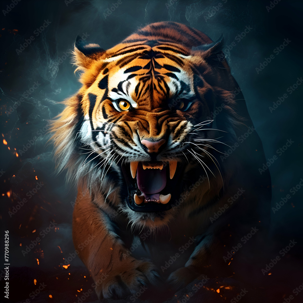 Portrait of a beautiful tiger on a dark background with fire.