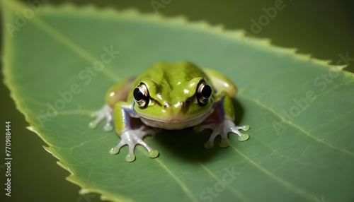 A tiny frog on a leaf croaking melodiously